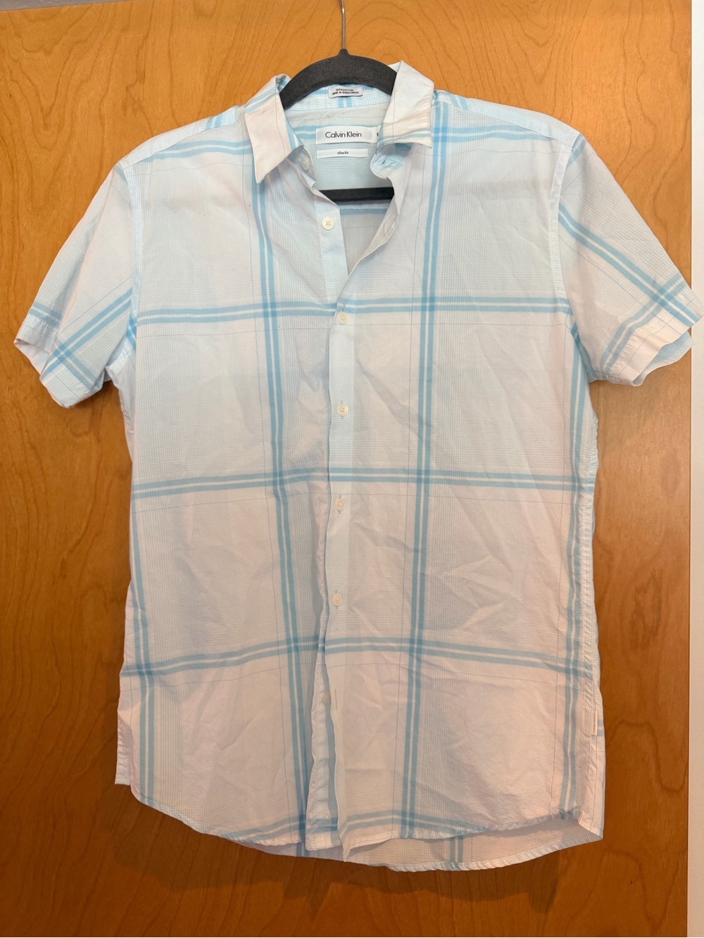 Calvin Klein Men’s White Short-Sleeve Button-Down with Light Blue Plaid